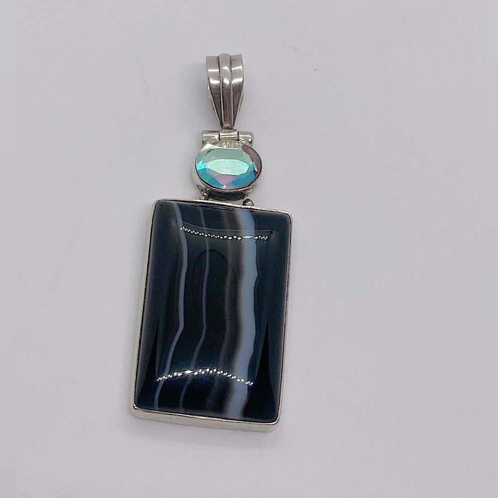 Vtg 925 Sterling Silver Lace Agate & Iridescent Stone Pendant | 2.1” L | 10.8g